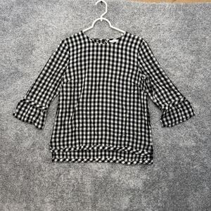 J Jill Top Small Black White Gingham Check Ruffle Sleeve Prairie Cottagecore
